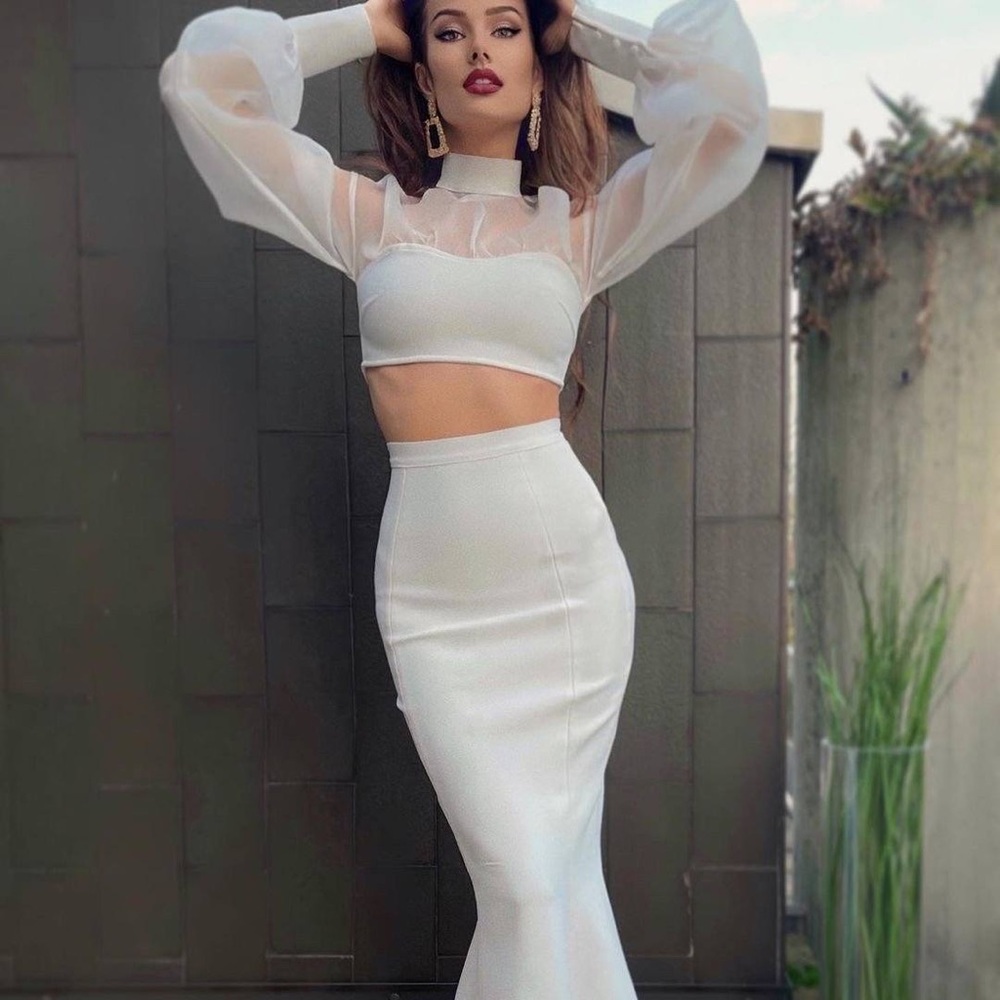 Story1440 Karats set. long sleeve crop top with sheer and mermaid skirt.